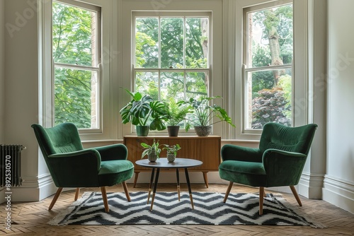 Modern mid-century living room with green armchairs, wooden sideboard, bay window, black chevron rug, and natural light.