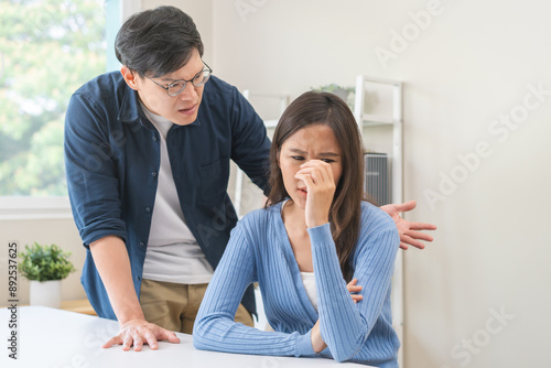 Breakup and depressed, asian young quarrel couple love fight relationship in trouble. Different people are emotion angry. Argue wife has expression, upset with husband. Problem of family people.