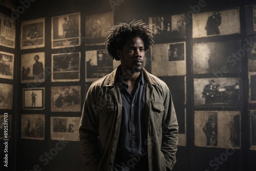 Man with afro standing in gallery of old photographs