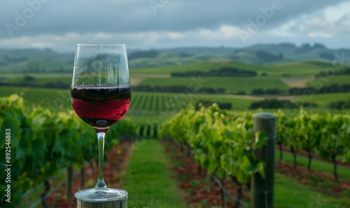 Un calice di vino in un vigneto, con colline e nuvole vibranti sullo sfondo. 