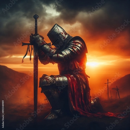 Exhausted Knight Kneels in Bloodied Armor at Sunset A Somber Reflection on the Battlefield's Grave Moment