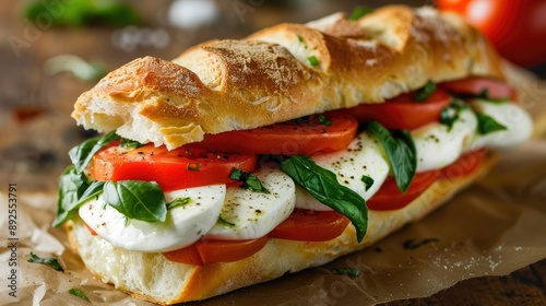 Caprese sandwich with fresh mozzarella, basil, and tomato on ciabatta bread