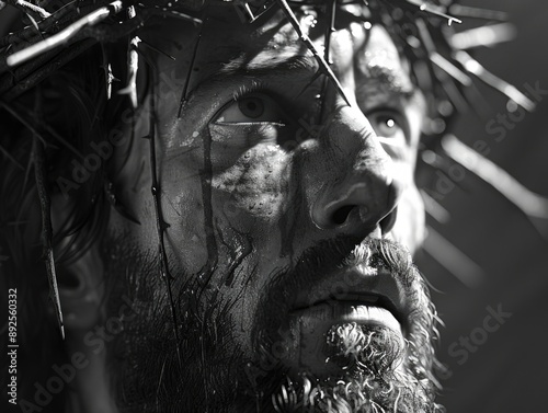 A person wearing a crown of thorns, often symbolizing sacrifice or martyrdom