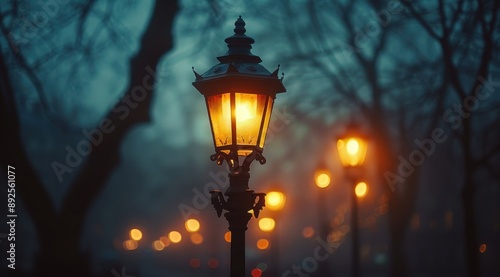 Street lamp with light glowing in the night. Victorian street lights on foggy background. Evening cityscape. Vintage lanterns with warm glow