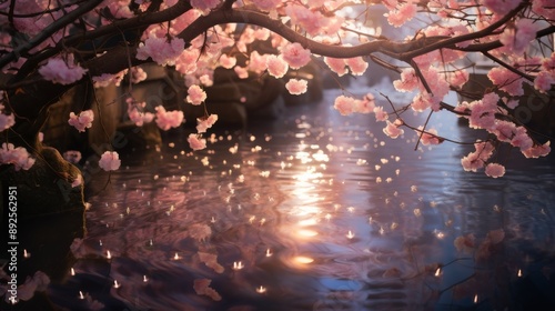 Sakura branches arching over a river, petals floating on the water, soft lighting