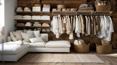 A beautifully organized wardrobe showcasing a collection of beige and white clothing, neatly arranged in a wooden, well-lit room, conveying elegance and order.