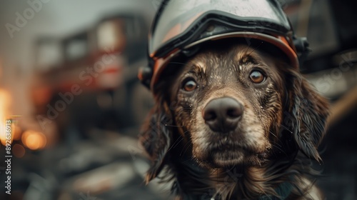 A dog stands ready among firefighters and the burning ruins. The image depicts a rescue situation, with fire and smoke surrounding them, creating an urgent atmosphere.