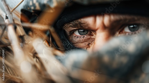 A close-up image focusing on an eye of a camouflaged individual peering through tall grass, suggesting a highly alert and cautious demeanor.