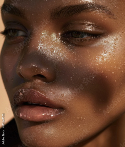 Portrait of beautiful natural black woman with dewy wet skin