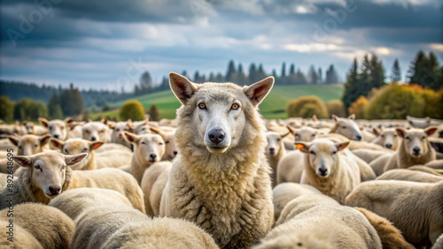 A sly wolf hiding behind a flock of sheep, symbolizing deception and duplicity, with a serene countryside landscape in the background, evoking sense of caution.