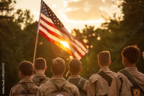 Boy Scouts Salute American Flag During Sunset Ceremony