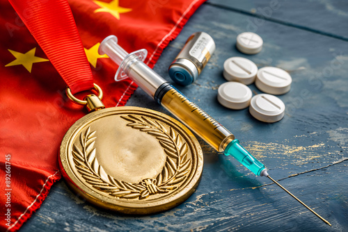 Gold medal with syringe pills and Chinese flag, doping scandal concept, performance enhancing drugs in sports