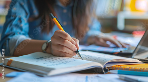 Close-up of an educator preparing lesson plans, focusing on their hands writing in a notebook and the organized desk 