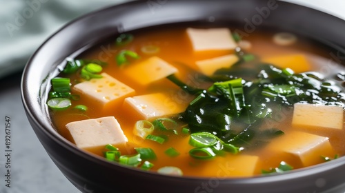 A close-up of a bowl of miso soup with tofu, seaweed, and green onions, in a minimalist kitchen, high-resolution photo, realistic photo, cinematography, hyper realistic