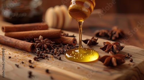 Spiced Honey Drizzle: Honey being drizzled over a wooden board with spices like cinnamon and cloves.