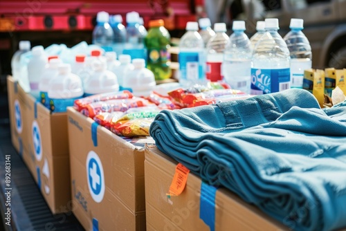 Boxes of emergency supplies like water, blankets, and first aid kits being loaded onto a truck for disaster