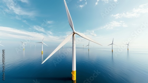 A panoramic view of an offshore wind farm, with turbines scattered across the sea, high-resolution photo, realistic photo, cinematography, hyper realistic