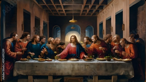 The Last Supper," where Jesus dines with his twelve apostles. Jesus, central with a halo, and the apostles display varied emotions, capturing a deeply significant moment in Christianity.