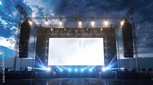 Stage concert large modern rigging and white blank screen technology,sound system,lighting power background wallpaper AI generated image