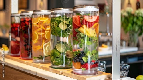 A detox water station with large glass dispensers filled with various fruit and herb infusions