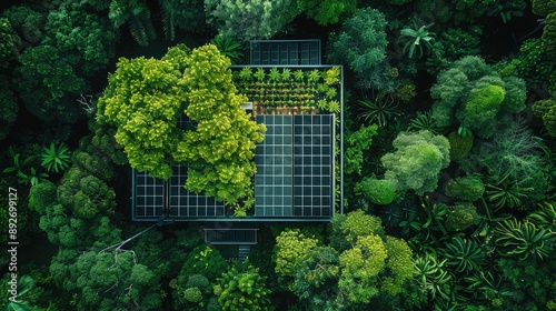 Aerial view of an eco-friendly house with a green roof, surrounded by lush forest, highlighting sustainable living and integration with nature