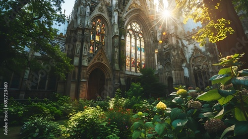 Side view of a Gothic cathedral, highlighting the flying buttresses and detailed stone carvings, stained glass windows in vibrant hues, lush greenery in the foreground,