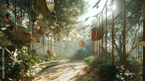 Futuristic bird aviary with smart feeders and interactive play areas. 