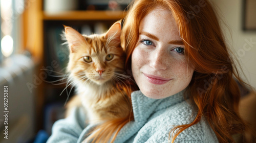 Linda mulher ruiva segurando um gato ao lado do rosto