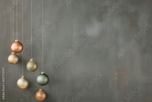 Fundo de Natal com bolas decorativas em tons metálicos e fundo cinza criado com IA generativa, destacando simplicidade e elegância festiva 