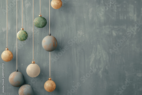 Fundo de Natal com bolas decorativas em tons metálicos e fundo cinza criado com IA generativa, destacando simplicidade e elegância festiva 