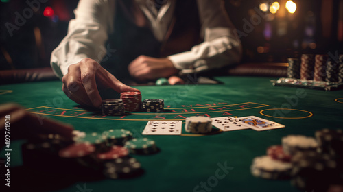 Hand placing poker chips on casino table during card game