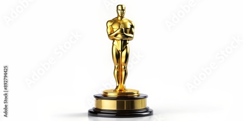 Golden Oscar Award Statue on White Background, 3D Rendering, isolated, award, trophy, statue