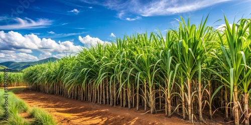 Sugarcane Field Under Blue Sky with Fluffy Clouds, agriculture , sugarcane , crop , field