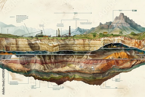 Detailed Cross-Section Illustration of Geological Layers Involved in Oil Formation for Educational Purposes