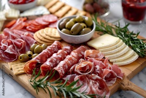 Elegant charcuterie board with a variety of cured meats, cheeses, olives, and crackers.