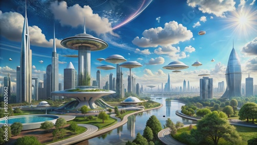 Futuristic Cityscape with Flying Saucers and a River, digital painting, sci-fi city, futuristic architecture, flying vehicles , futuristic cityscape