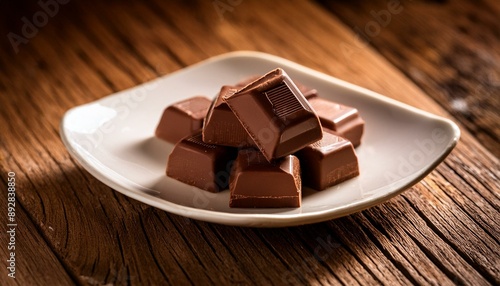 Blocos de chocolate fatiados em cima de uma prato de porcelana sobre uma mesa rústica