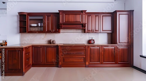 A wooden kitchen cabinet, a high end minimalist kitchen cabinet, front view, isolated in a white background, Generative AI illustrations. 