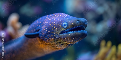 Close-up of a moray eel with a speckled pattern swimming underwater