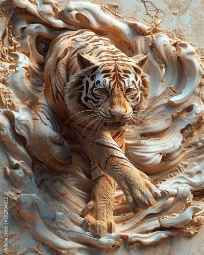 A fierce tiger prowling 3D carved from marble, stone on the background,