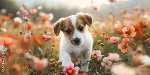 Süßer kleiner Welpen Hund in einem Blumenfeld 