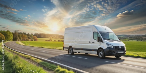 White delivery van carrying cargo on country road, transport, vehicle, freight, transportation, logistics, road, highway, delivery