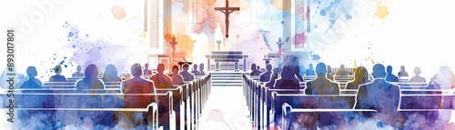 Colorful watercolor illustration of people gathered in a church, depicting congregational seating with a cross at the altar.