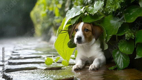 A cute street dog is taking shelter under leaves due to rain outside during monsoon season