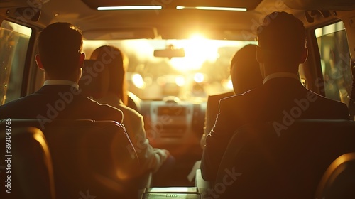 Business people sitting in minivan taxi view through an open door Concept of business trips and transportation : Generative AI