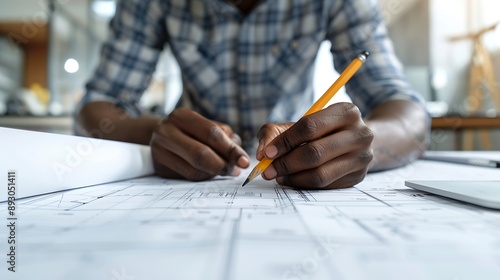 Black man office and drawing on blueprint with pencil for planning a building design layout and project as architect Table construction and engineering person with idea for property re : Generative AI