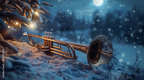 A Trumpet Is Sitting in the Snow Near a Christmas Tree With Lights on It - Generative AI