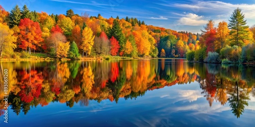 Tranquil autumn scene by the lake with colorful foliage reflected in the water , Autumn, lake, reflection, serene, nature