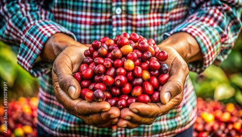 Freshly picked crimson coffee beans scattered in farmer's worn hands, spotlighting the laborious process of coffee harvesting in rural agriculture.