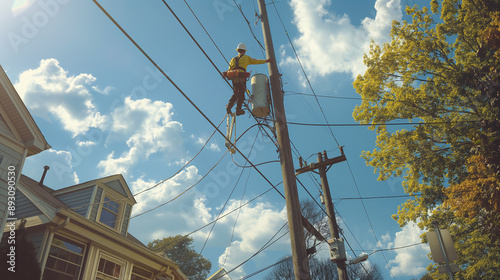 A crew of workers in working on power lines in a residential neighborhood. The scene includes utility poles, power lines, and a backdrop of houses and trees